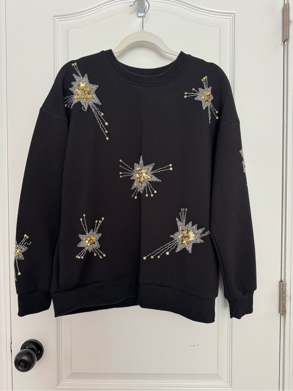 Anthropologie Black Crewneck Sweater with Gold & Silver Starburst Embellishments
